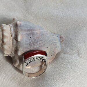 Sterling Silver Filigree Carnelian or Red Coral  Ring Size 7